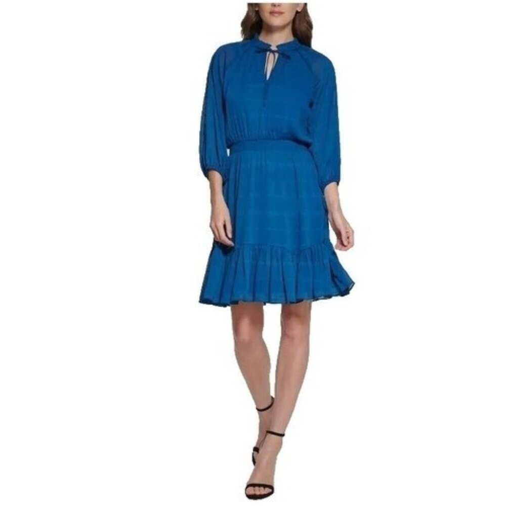 DKNY Womens  Size 12 Blue Printed Smocked Fit & Flare Peasant Ruffle Hem Dress